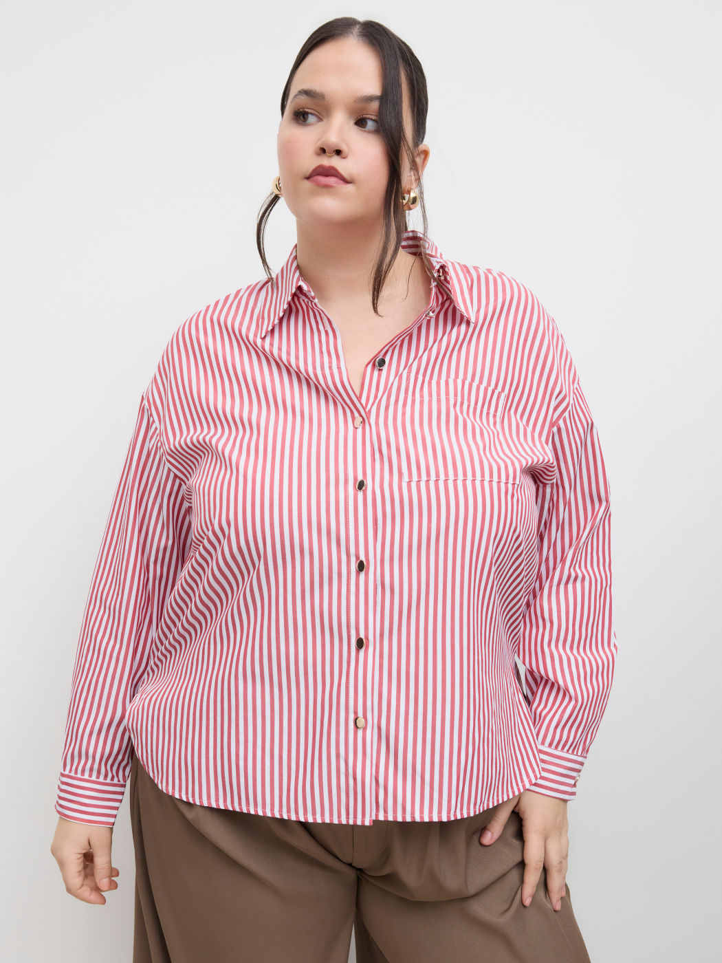 Camicia con colletto a righe e bottoni a maniche lunghe Curve & Plus
