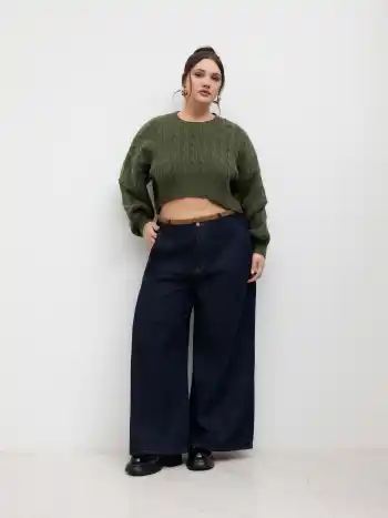 Kabelstrick Rundhals Crop Pullover Kurve & Plus