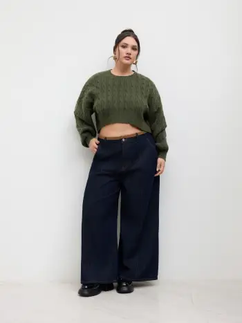 Kabelstrick Rundhals Crop-Sweater Kurve & Plus