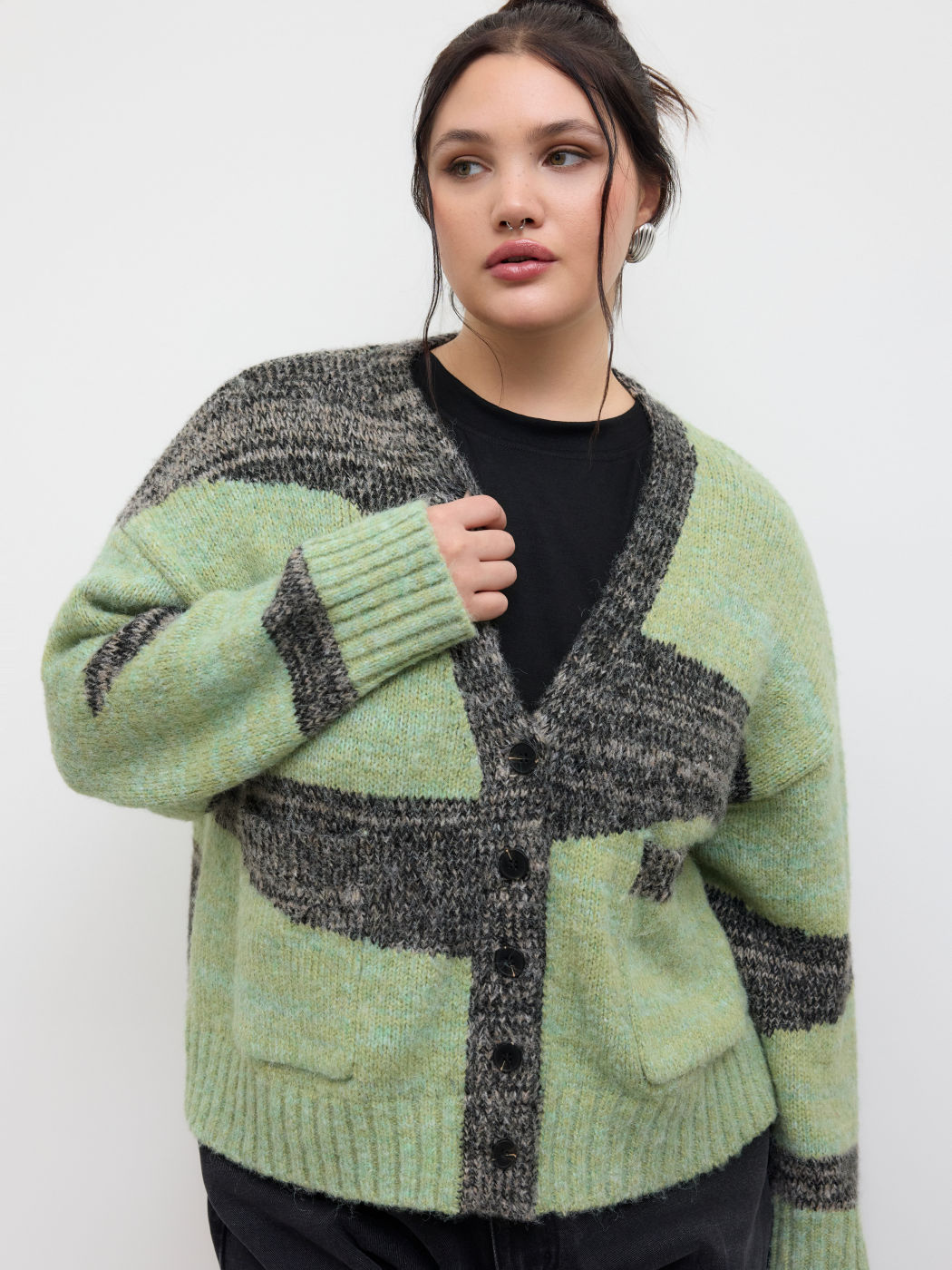 Wollmix V-Ausschnitt Abstrakt Colorblock Strickjacke Kurve & Plus
