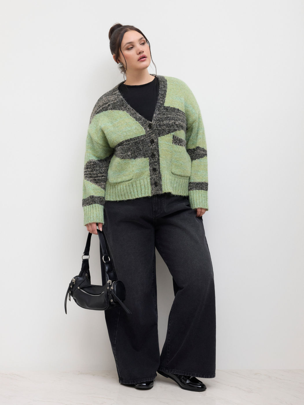 Wollmix V-Ausschnitt Abstrakt Colorblock Strickjacke Kurve & Plus