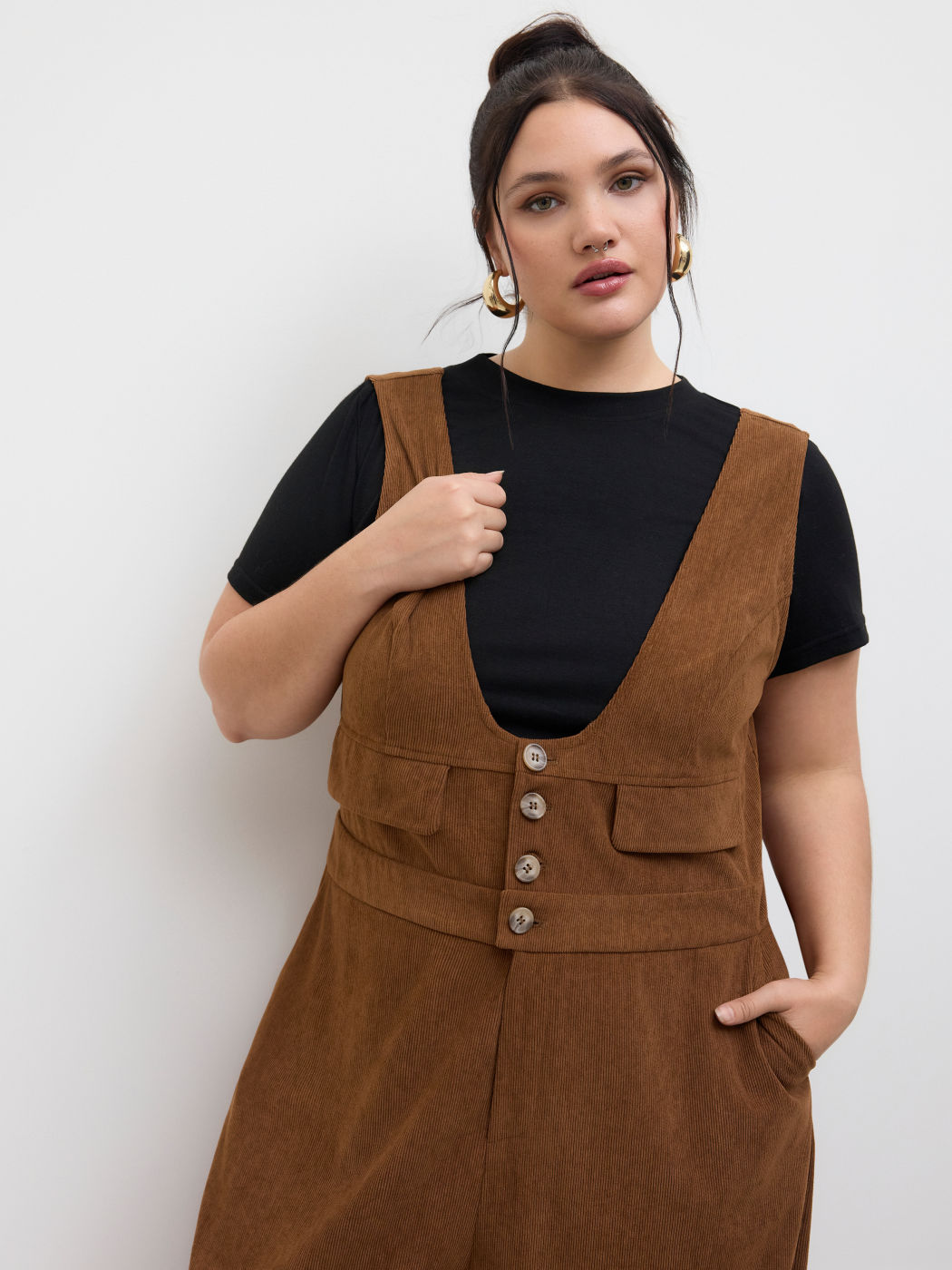 Corduroy Scoop Neckline Pocket Jumpsuit Curve & Plus
