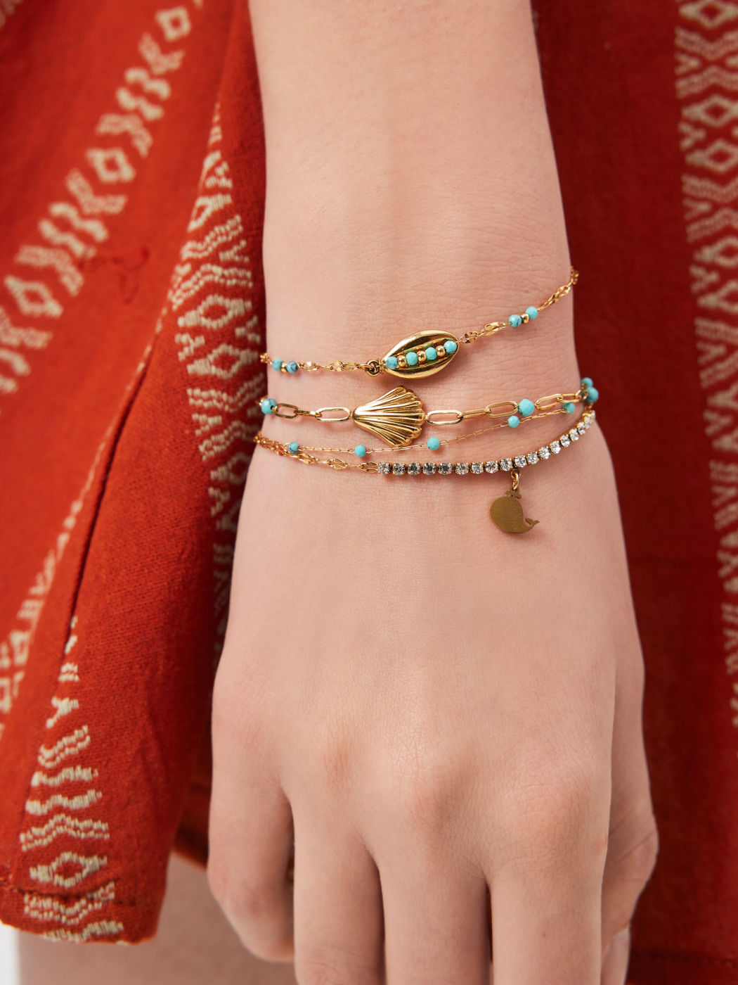 3er-Set Armband aus Edelstahl mit Muschel-, Wal-, Zirkon- und Türkis-Motiven