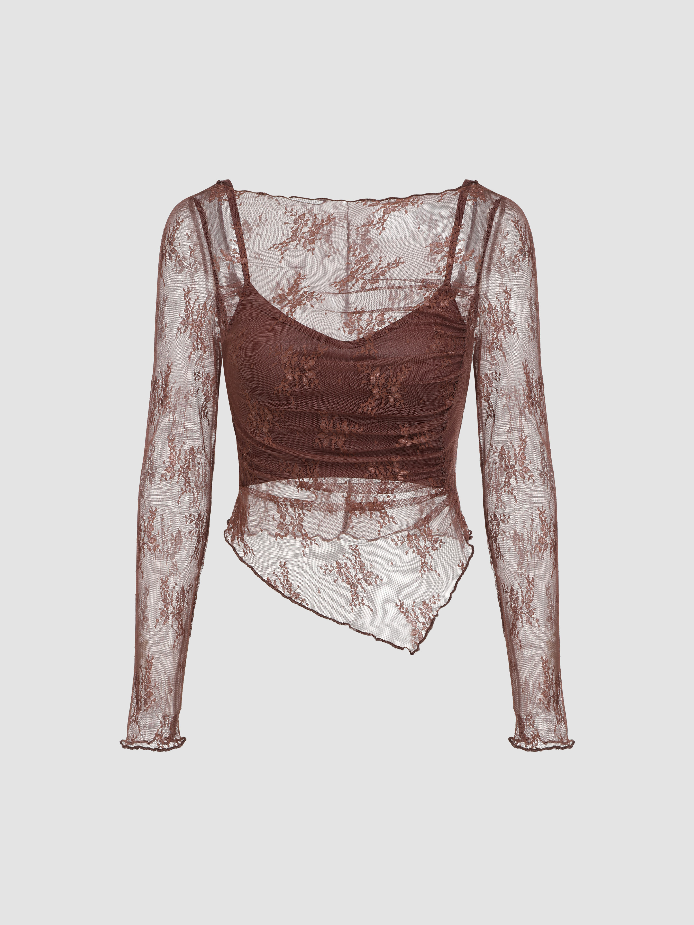 Dentelle Lace Boat Neck Floral Long Sleeve Top & Cami Top For Rencard