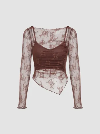 Spitzen-Bootsausschnitt Blumenlangarmtop & Camisole-Top