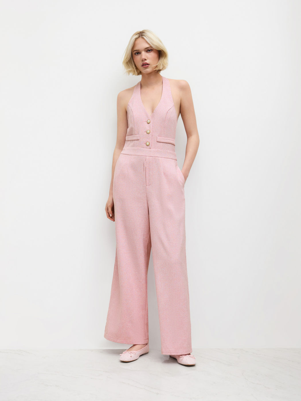 Tweed Halter Neckline Solid Pocket Faux Pearl Button Jumpsuit