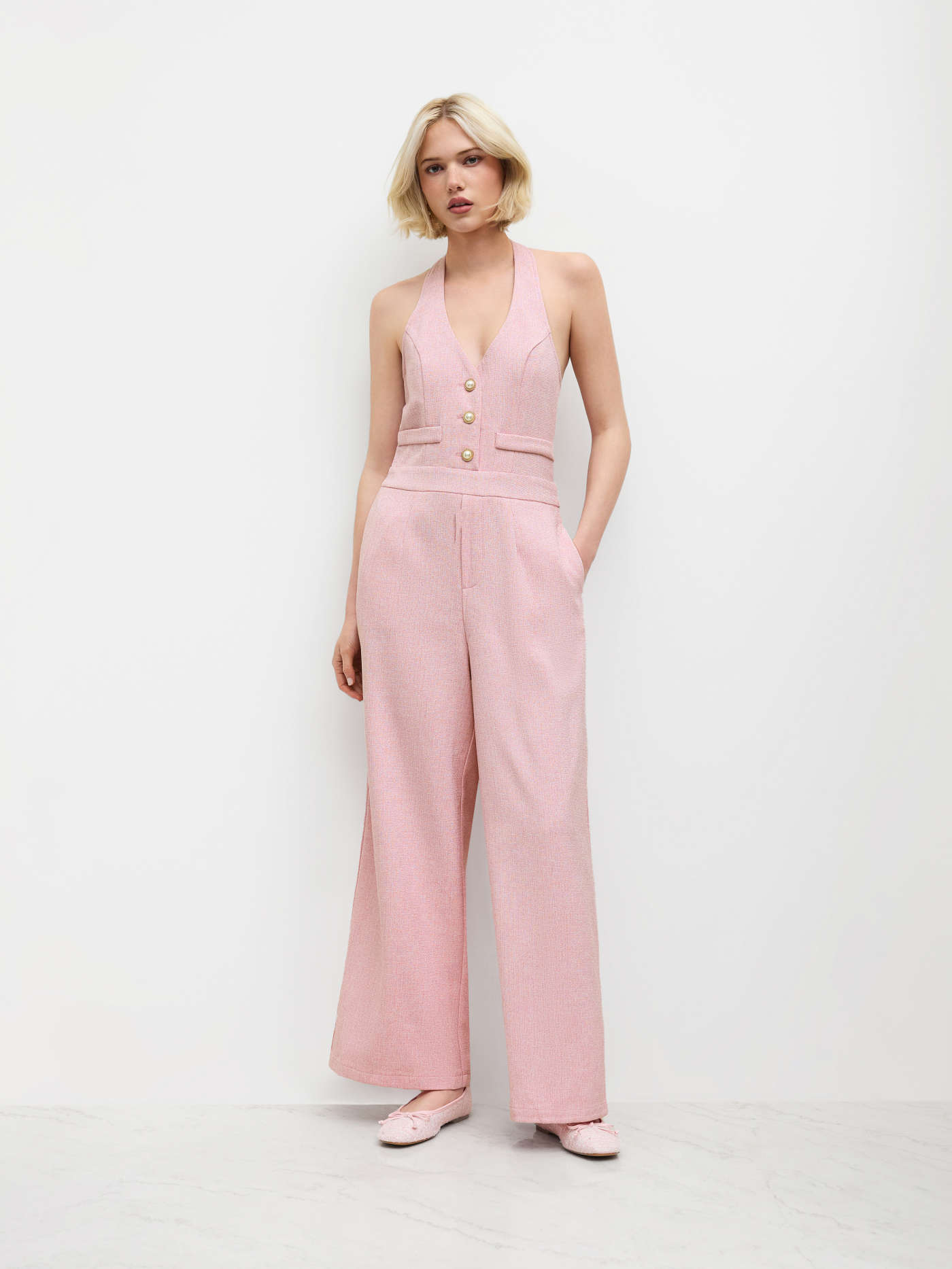 Tweed Halter Neckline Solid Pocket Faux Pearl Button Jumpsuit