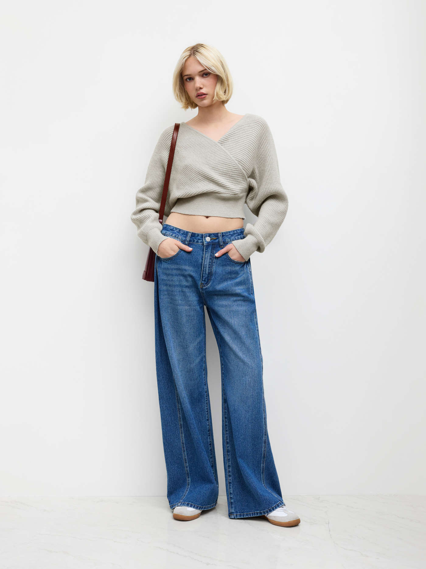 Knit Fabric Knit V-neck Solid Wrap Crop Long Sleeve Top For Daily Casual