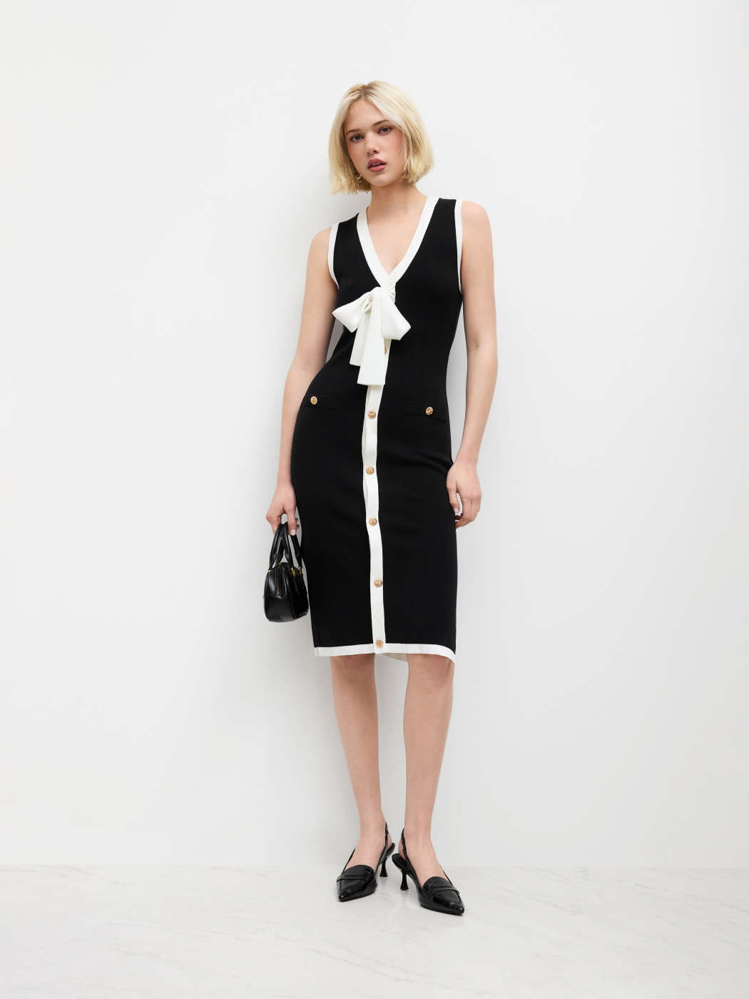 Tejido de punto Vestido Midi de Punto con Botones y Contraste For