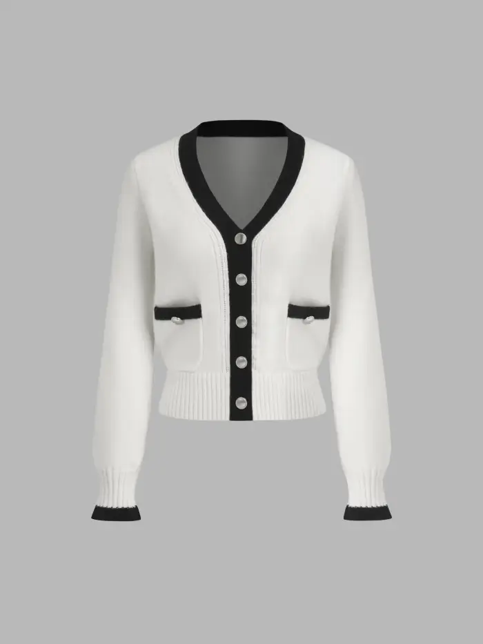 Knit Collar Contrasting Binding Button Up Cardigan