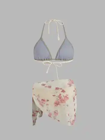 Halter Triangle Bikini Set mit Blumen Sarong