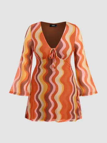 Mesh V-neck Abstract Wave Knotted Mini Dress Curve & Plus