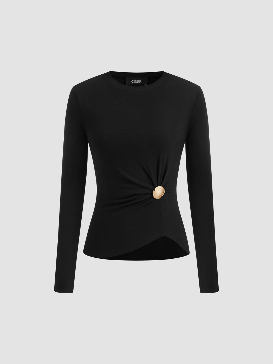Round Neckline Ruched Button Tee