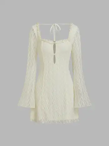 Boat Neck Ruched Split Long Sleeve Mini Dress