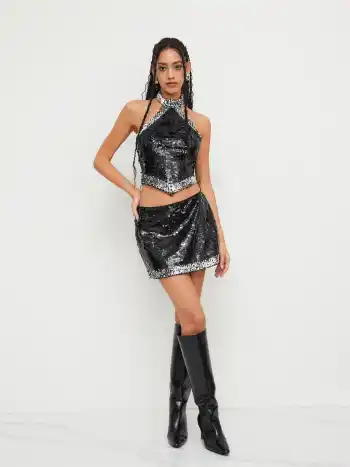 Sequin Halter Neckline Contrasting Binding Crop Tank Top