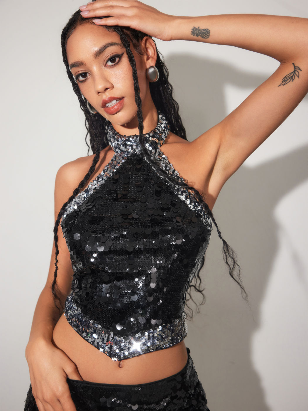 Sequin Halter Neckline Contrasting Binding Crop Tank Top