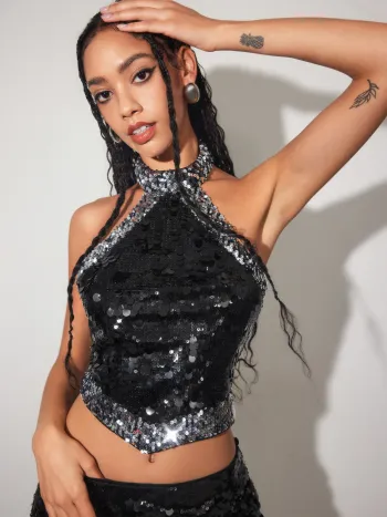 Sequin Halter Neckline Contrasting Binding Crop Tank Top