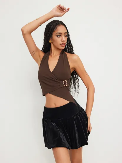Mandarin Collar Ruched Split Top