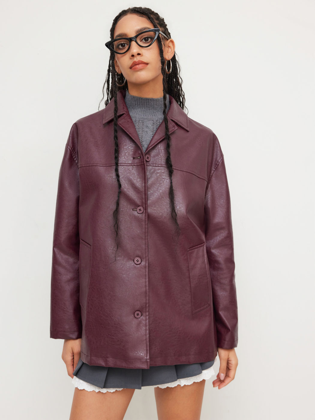Faux Leather Collar Oversized Jacket