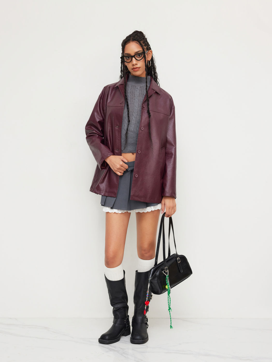 Faux Leather Collar Oversized Jacket