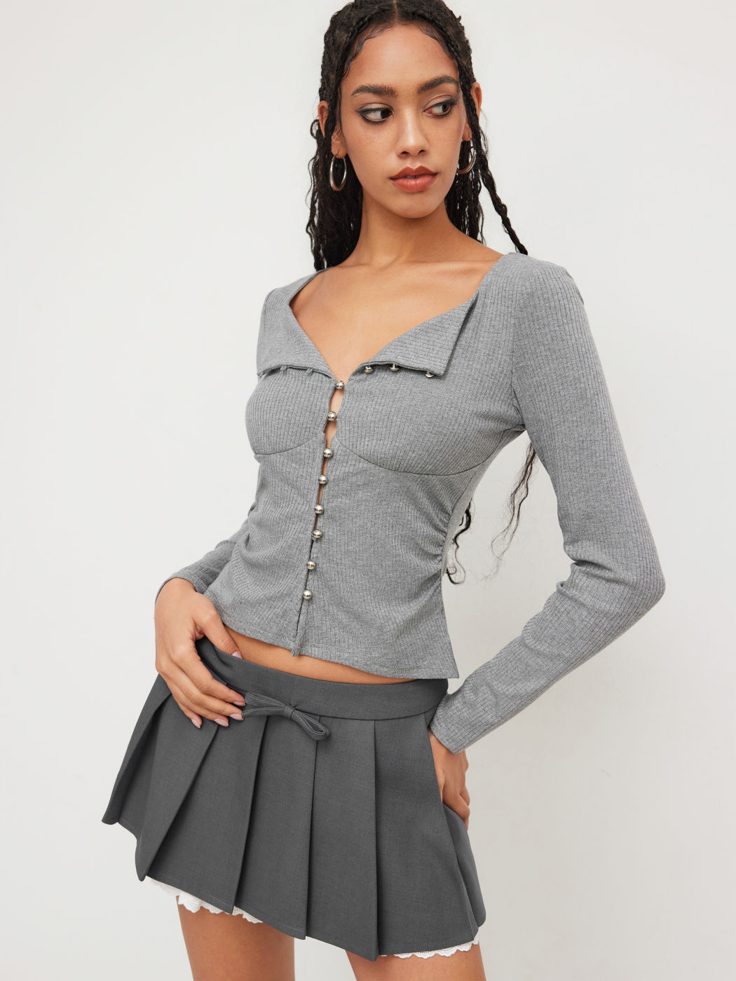 V-neck Button Button Split Long Sleeve Top