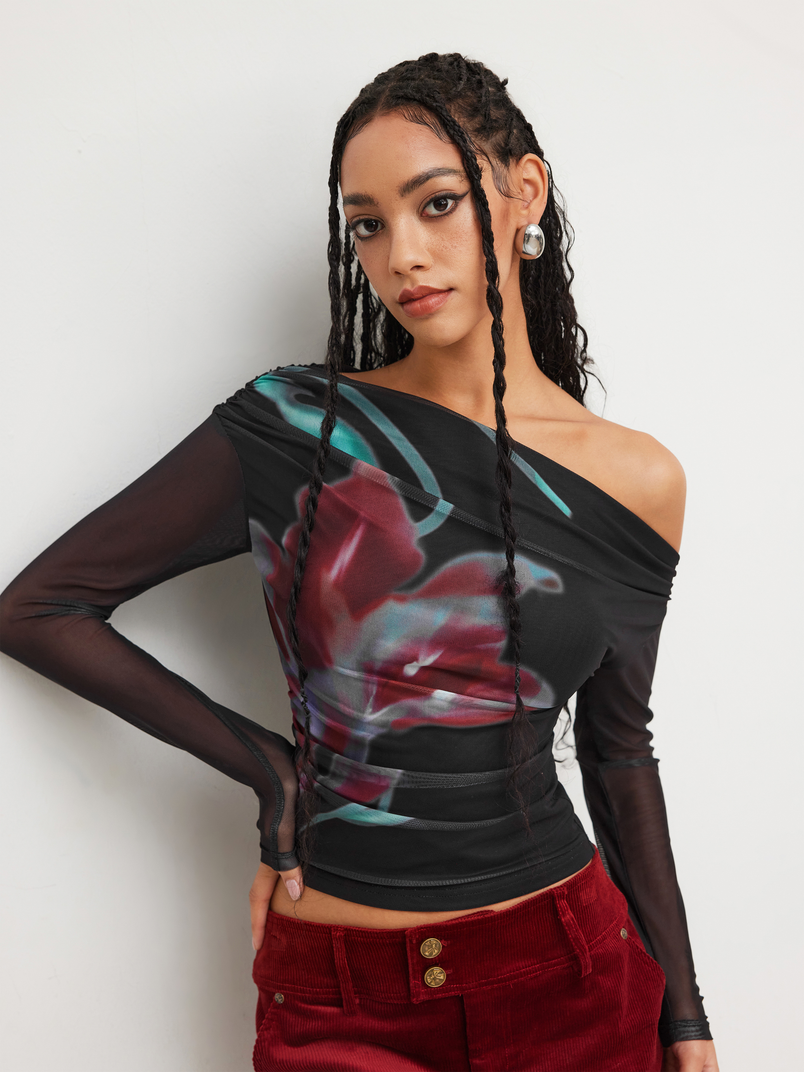 【Cider】ボートネック フローラル クロップ トップス ニット生地 ボートネック フローラル グラフィック クロップ T