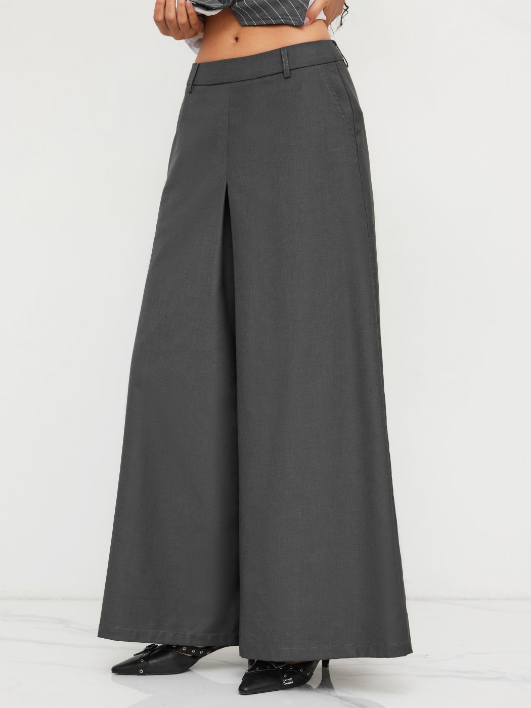 Mid Rise Side Zipper Wide Leg Trousers