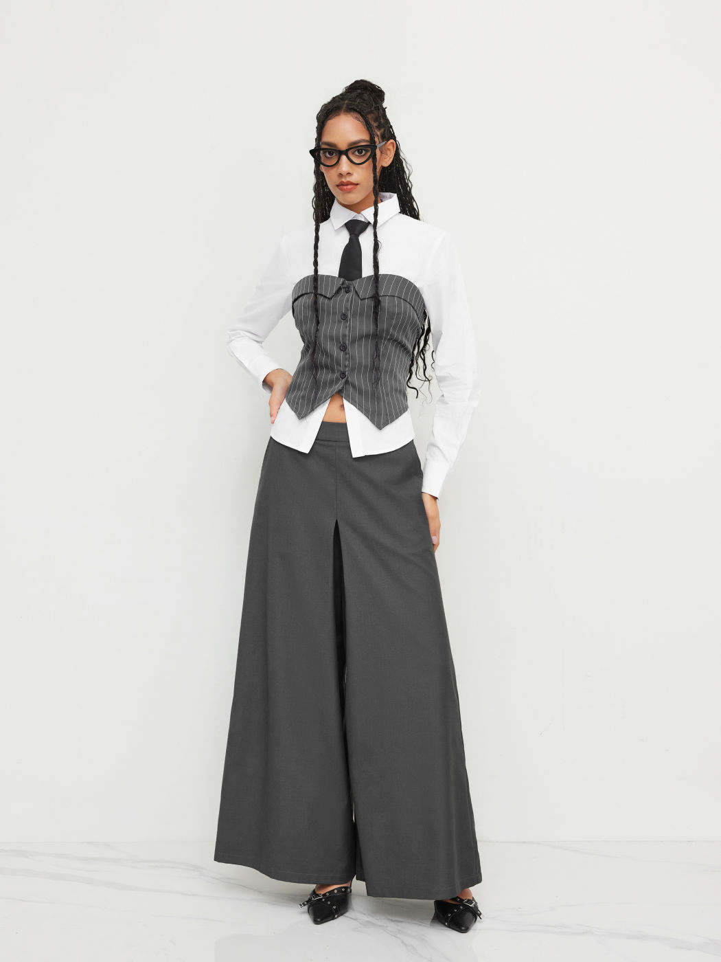 Mid Rise Side Zipper Wide Leg Trousers