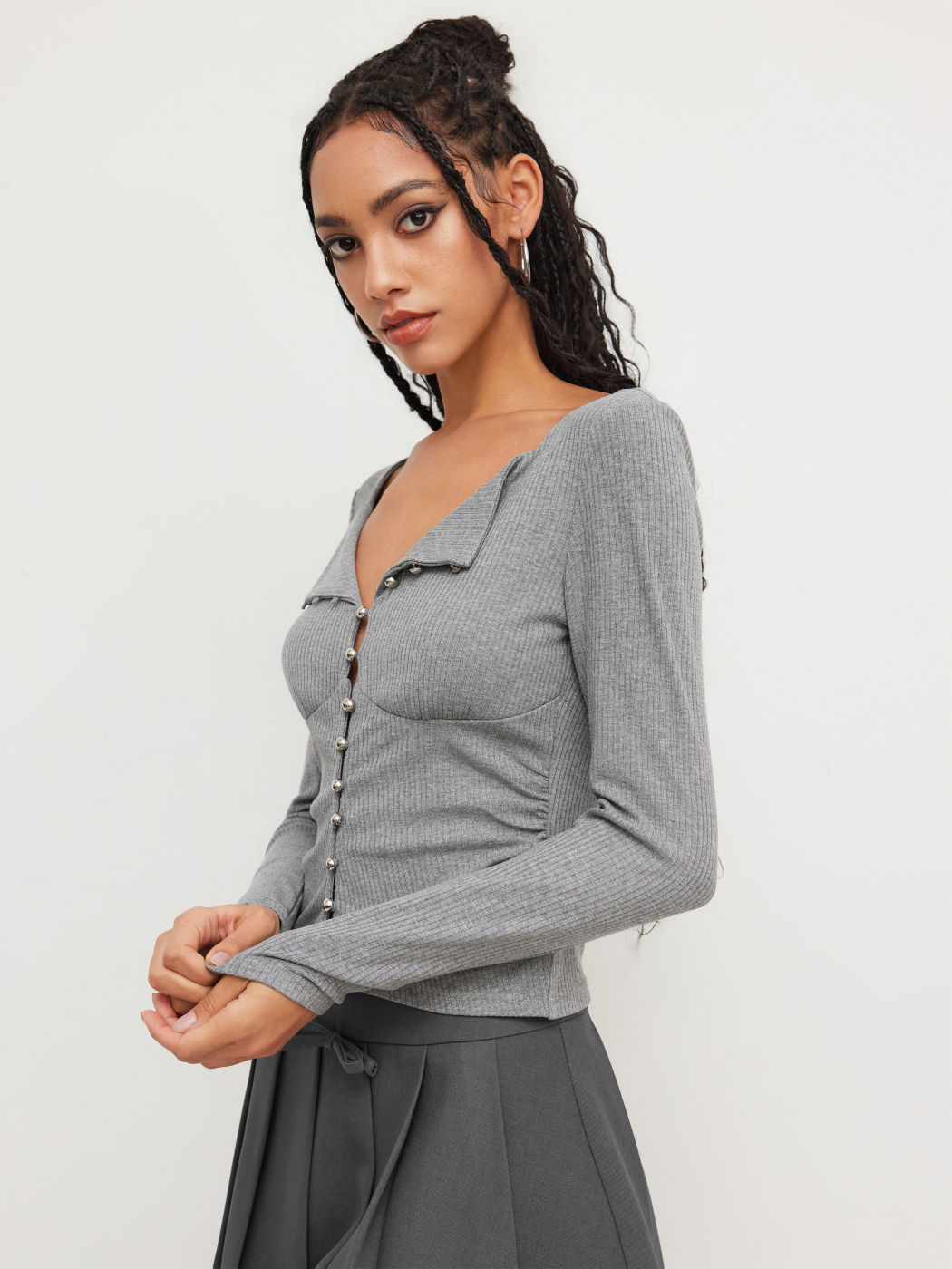 V-neck Button Button Split Long Sleeve Top