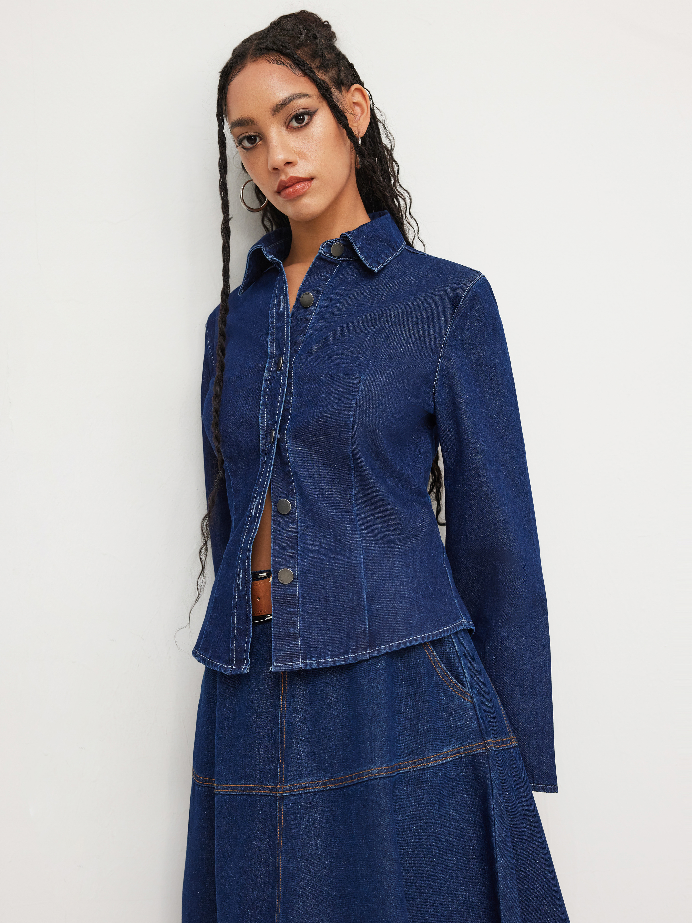 Denim Stand Collar Bell Sleeve Blouse