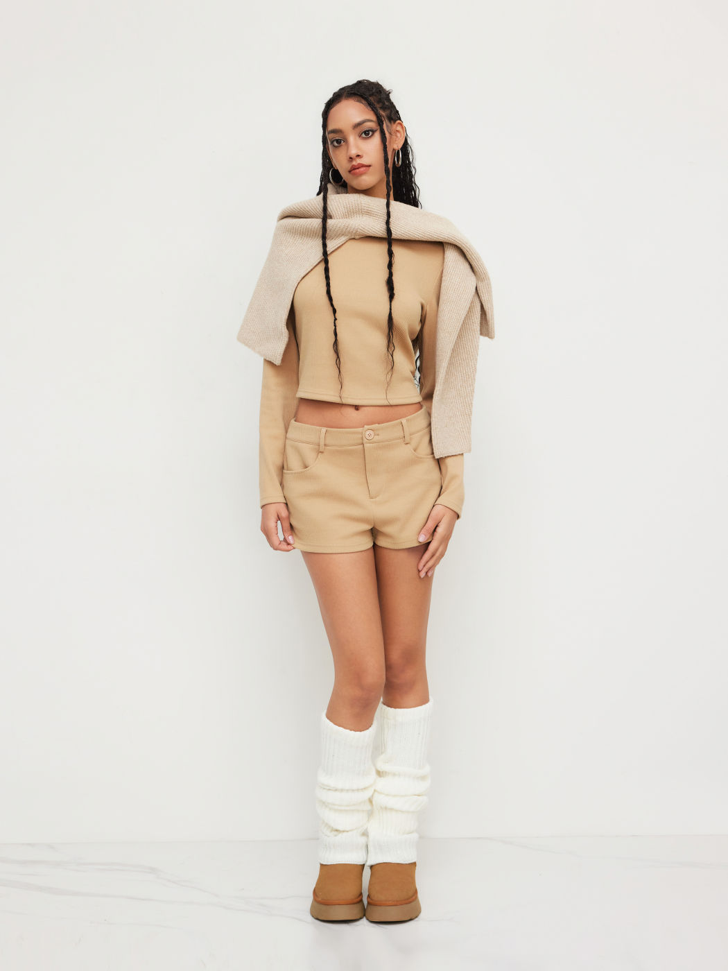 Boat Neck Long Sleeve Top & Low Rise Shorts Set