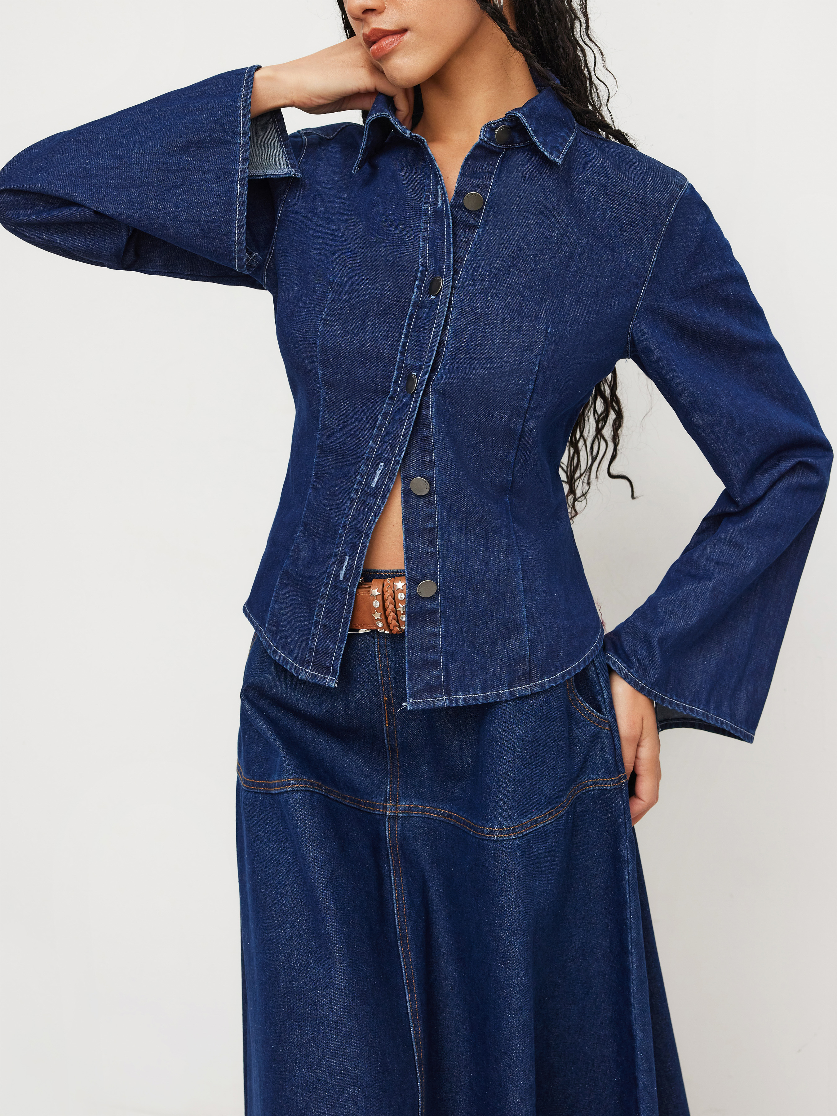 Denim Stand Collar Bell Sleeve Blouse