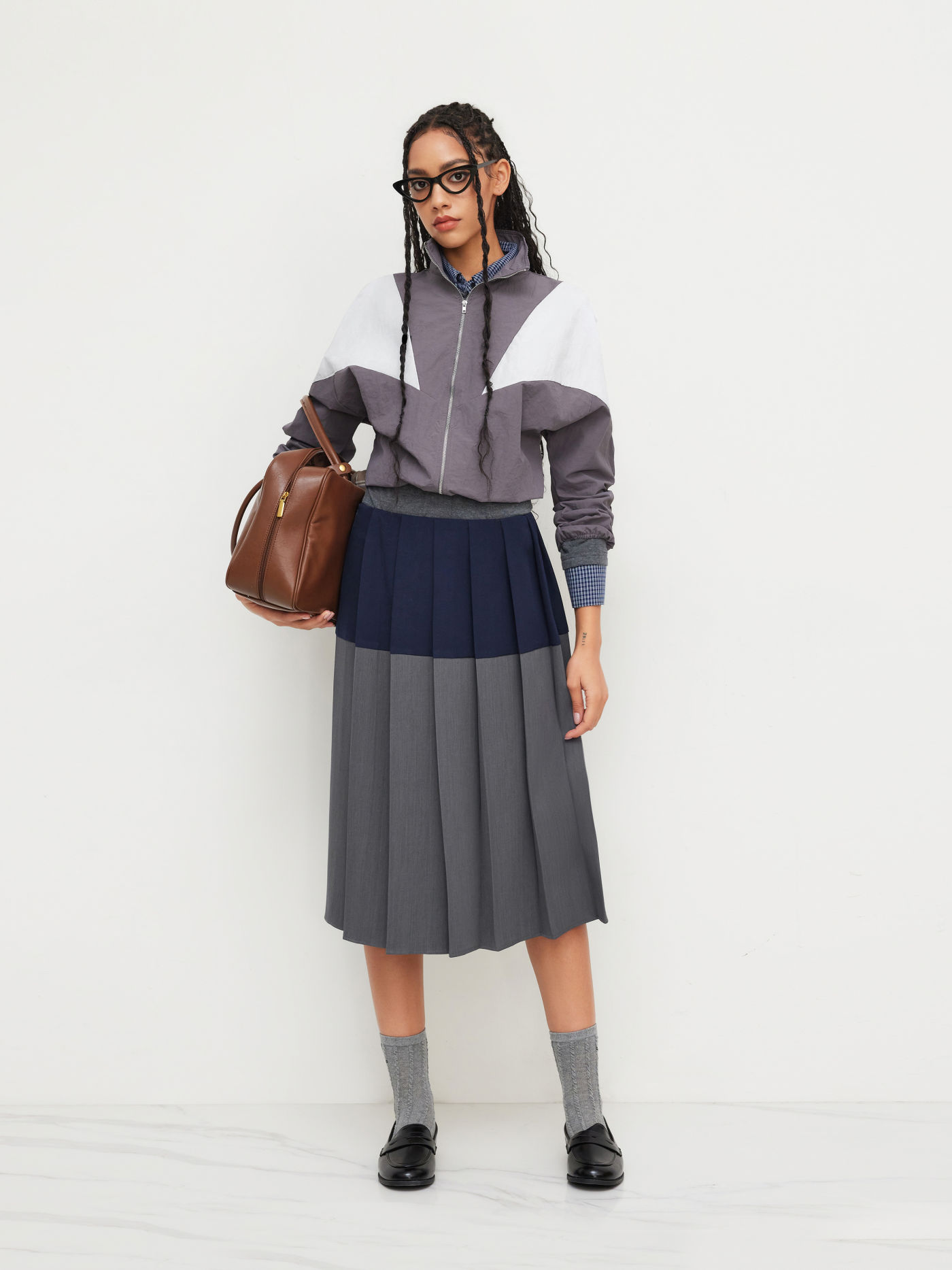 Mid Rise Two Tone Patchy Pleated Midi Skirt
