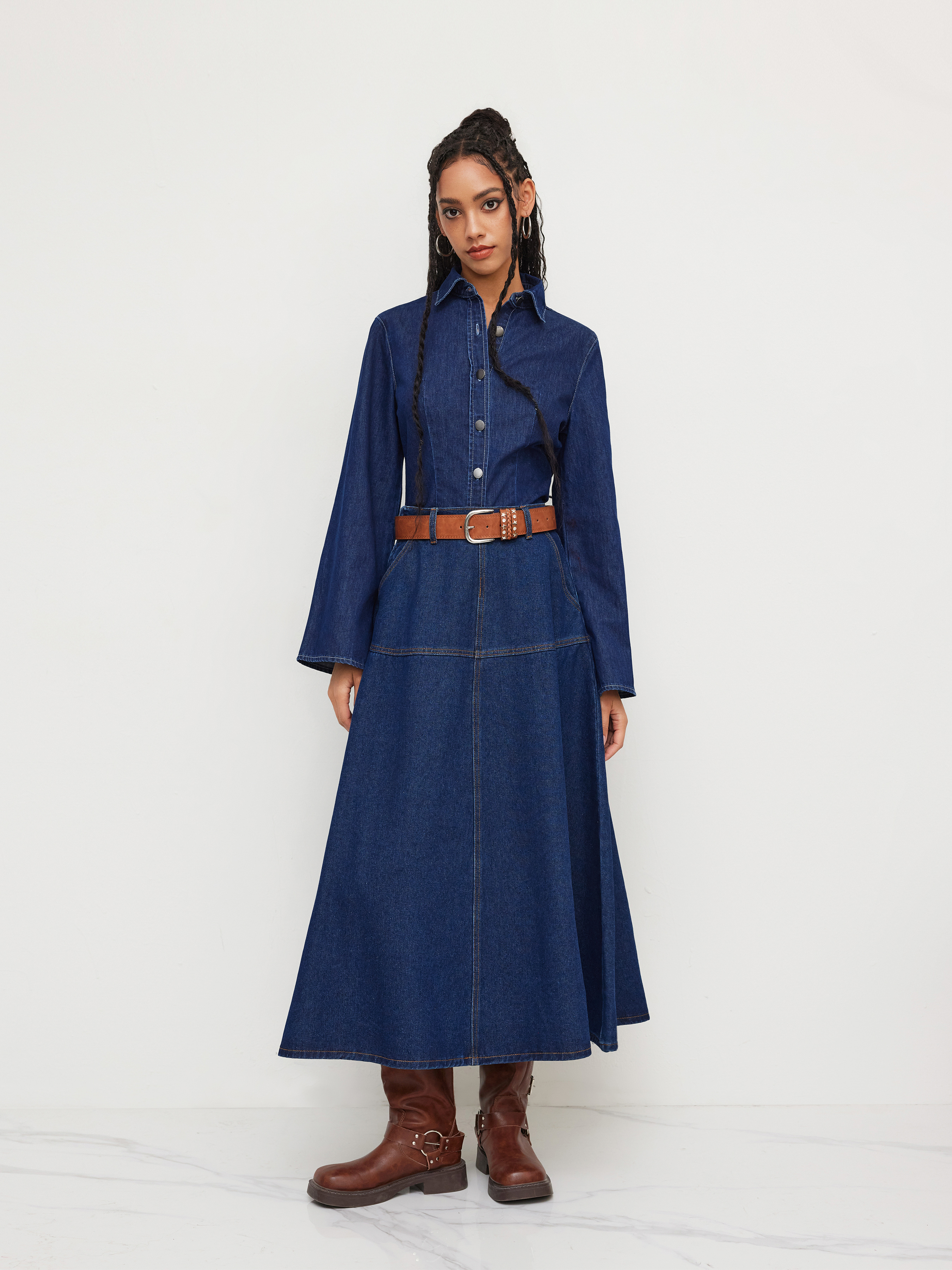 Denim Stand Collar Bell Sleeve Blouse