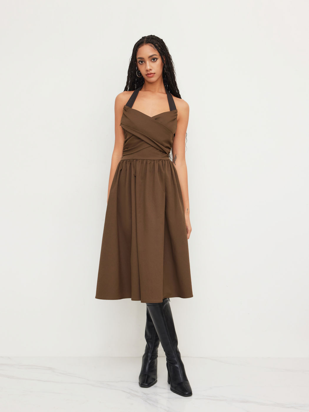 Halter Neckline Criss Cross Knotted Pocket Midi Dress