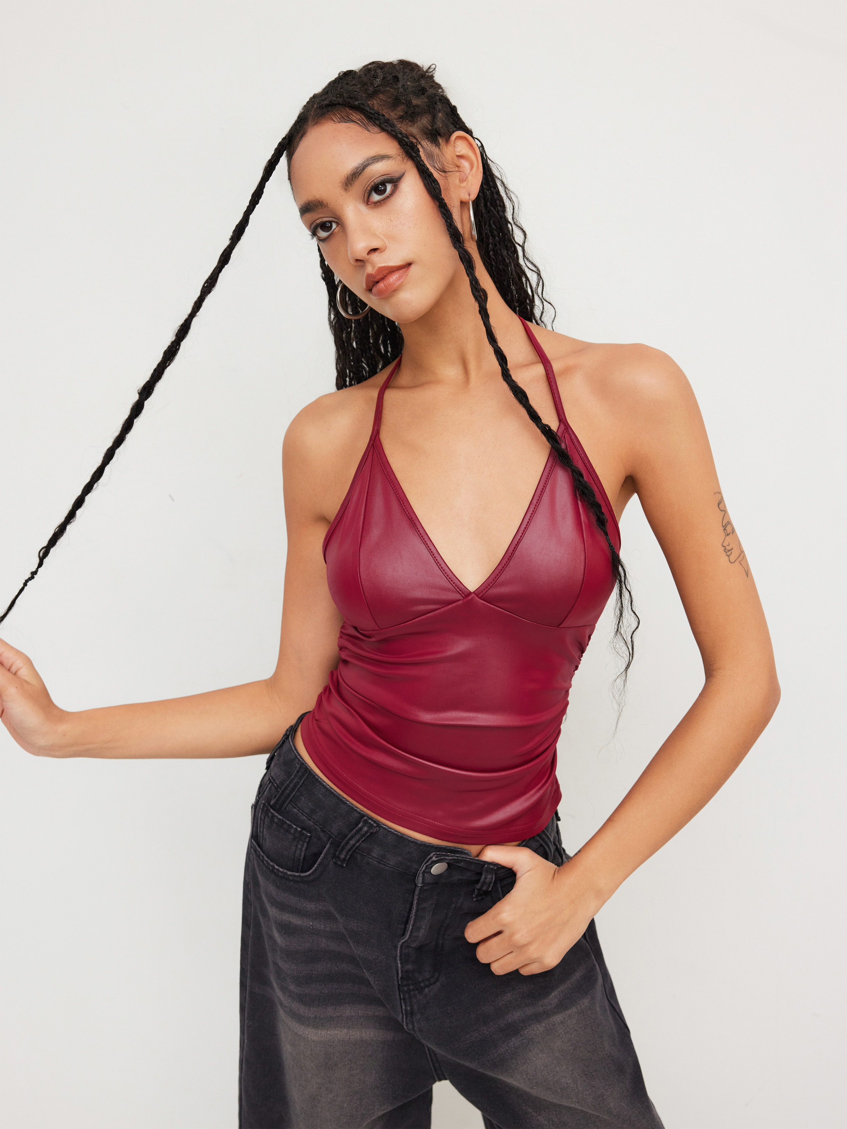 Knit Fabric Halter Neckline Ruched Cami Top For Date