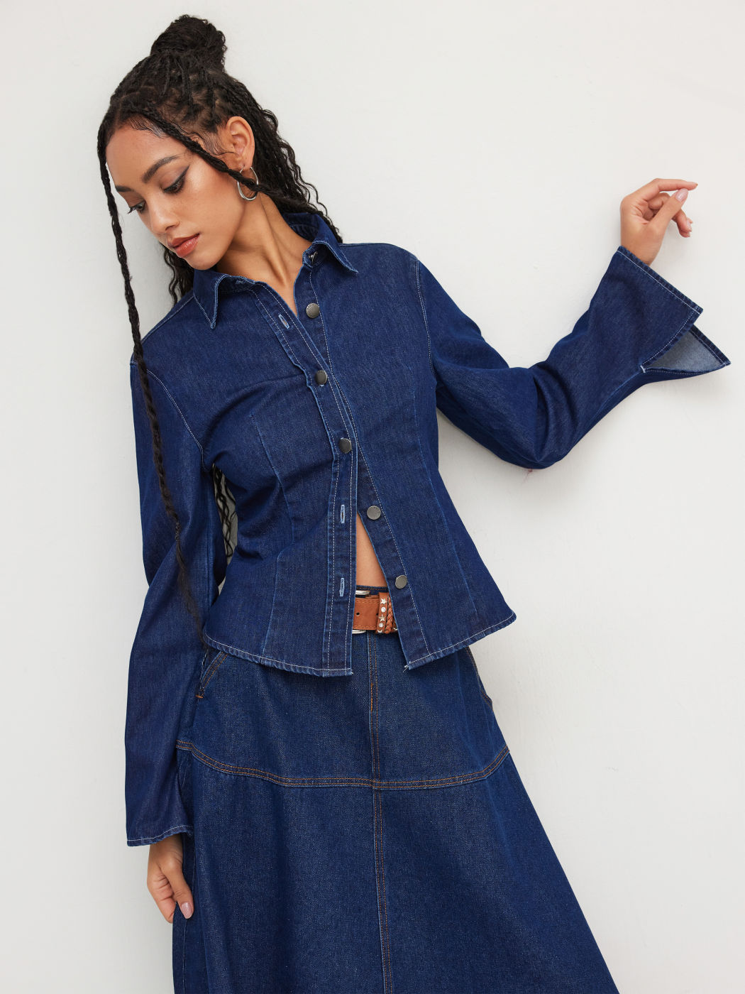 Denim Stand Collar Bell Sleeve Blouse