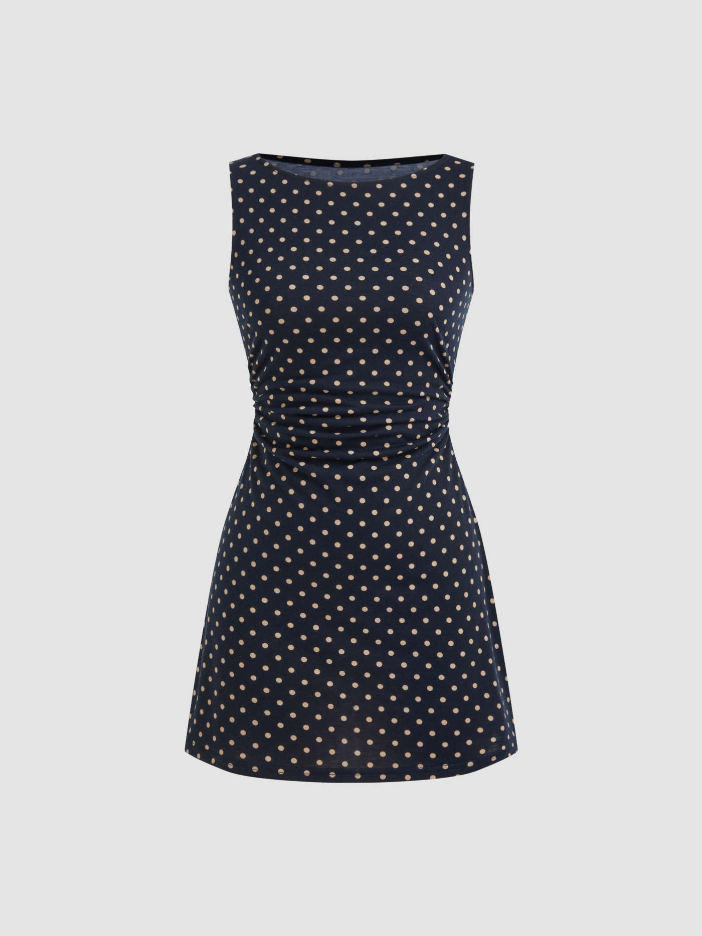 Boat Neck Polka Dot Ruched Mini Dress