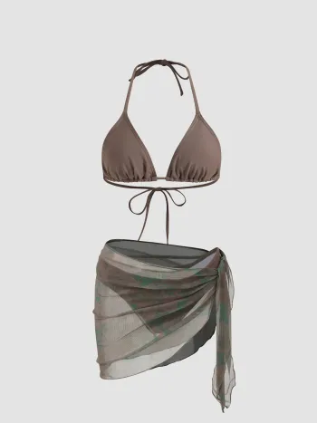 Halter Triangle Bikini Set With Floral Sarong