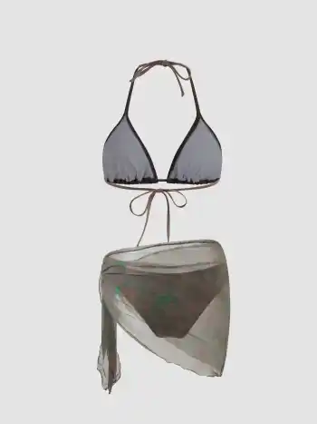 Halter Triangle Bikini Set With Floral Sarong