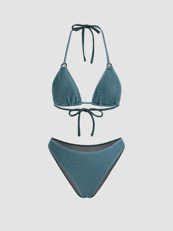 Crinkle Fabric Halter Neckline Drawstring Halter Bikini Set