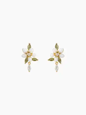  FLOWER & LEAF ZIRCON STUD EARRINGS &  ZIRCON FLORAL PENDANT NECKLACE
