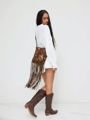 FLORAL EMBROIDERY  FRINGE SUEDE CROSSBODY BAG