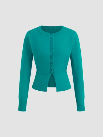 Knit Round Neckline Solid Button Split Long Sleeve Cardigan
