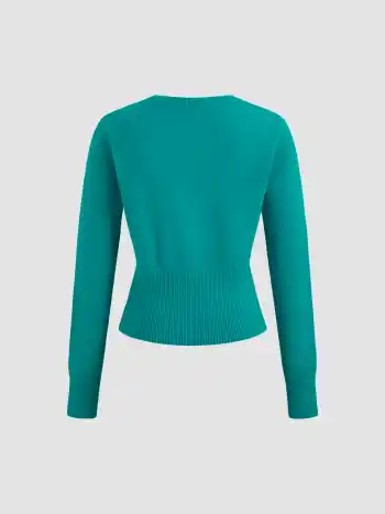 Knit Round Neckline Solid Button Split Long Sleeve Cardigan