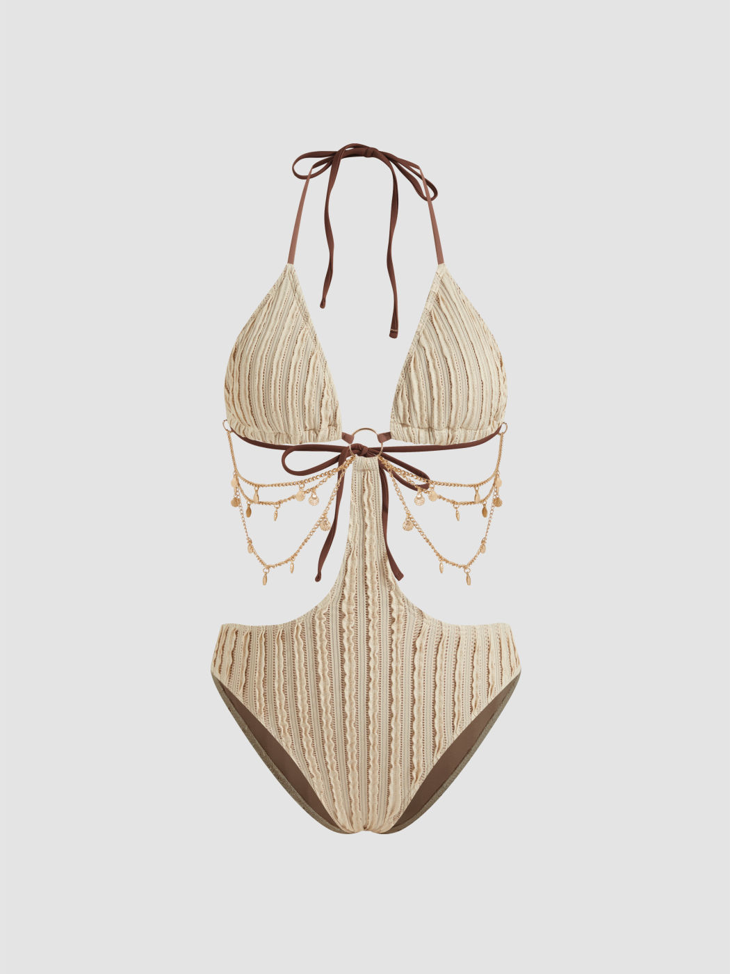 Shaping Lettuce Trim Cut Out Shell Chain O-Ring One Piece Swimsuit