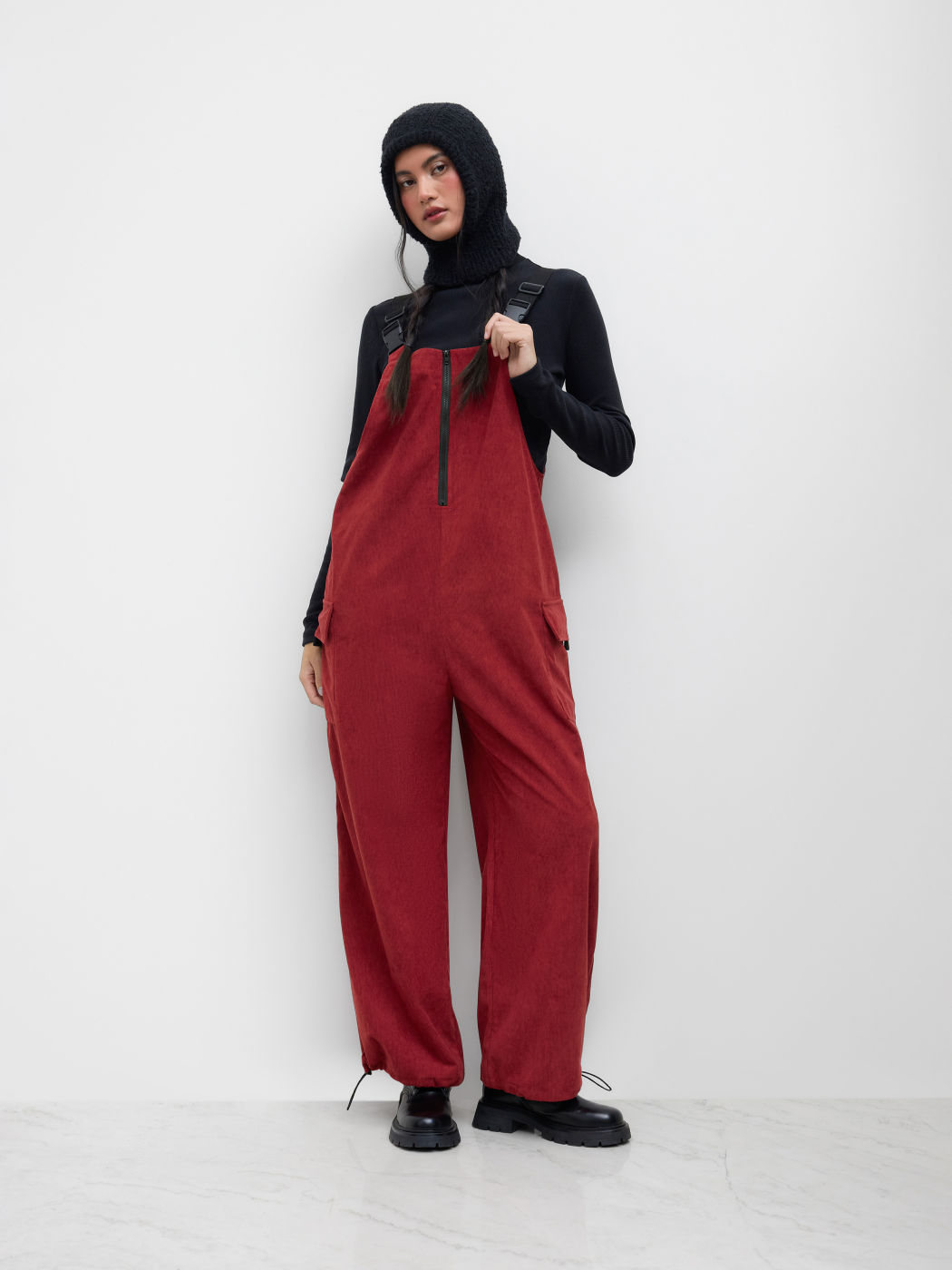 Corduroy Buckle Up Drawstring Cargo Jumpsuit