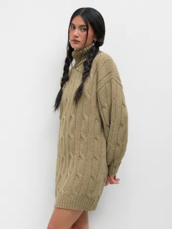 Zopfmuster Oversized Mini Kleid mit Hohem Kragen