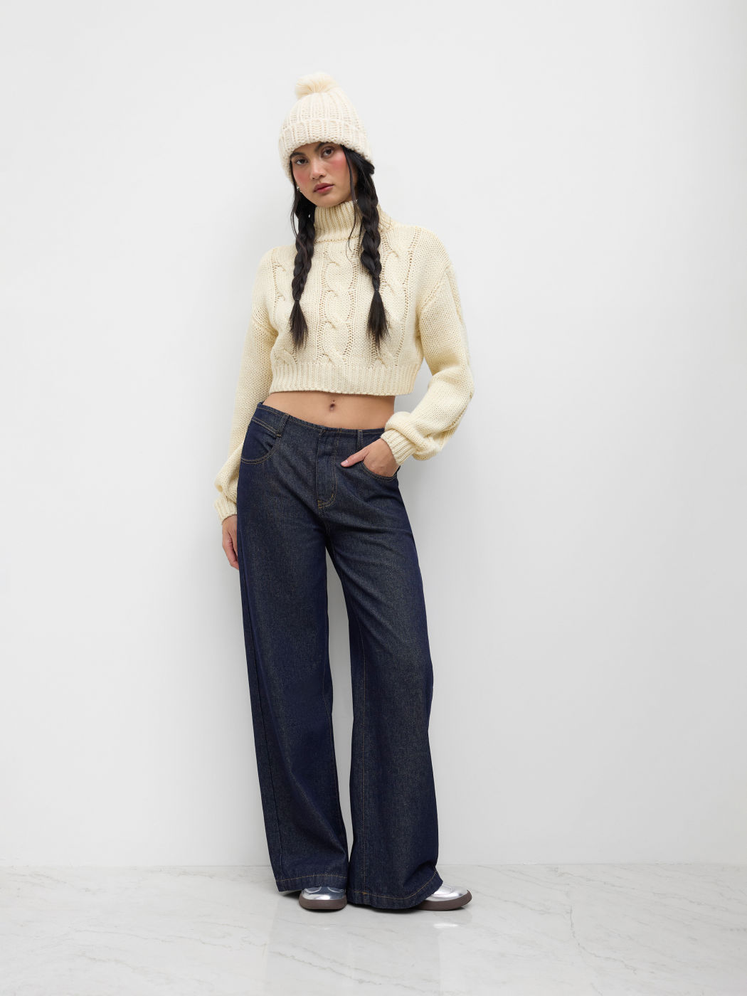 Crop Tops en maille côtelée à col montant et manches longues