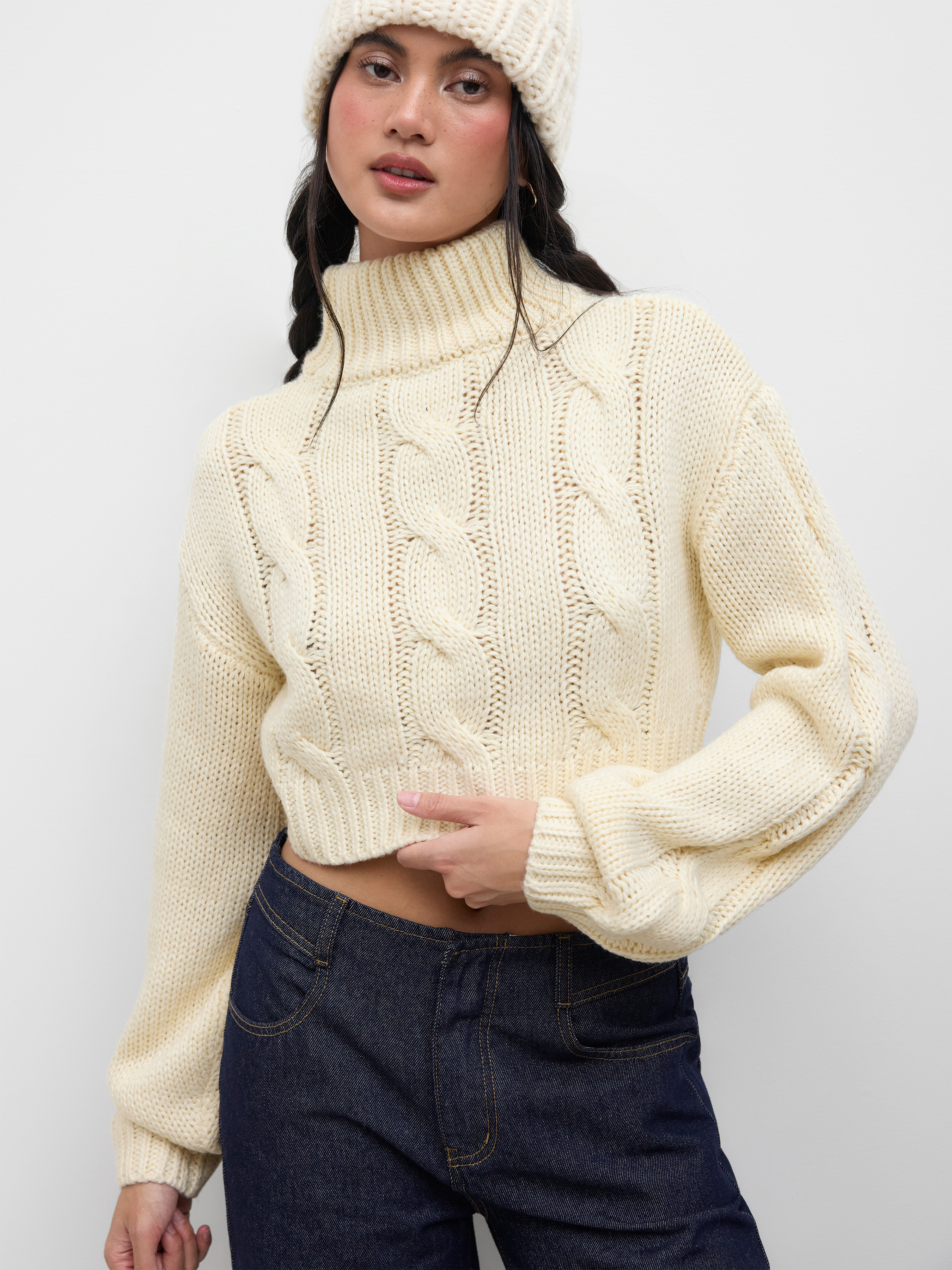 Crop Tops en maille côtelée à col montant et manches longues